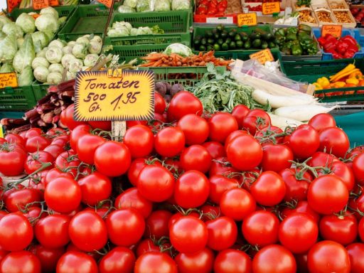 Winkelmandje gevuld met verse groenten en basisproducten in een Belgische supermarkt