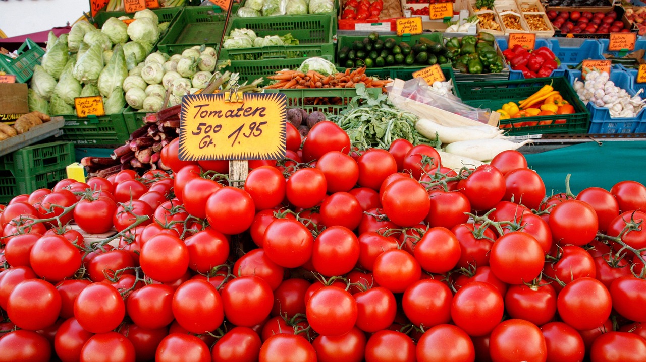 Winkelmandje gevuld met verse groenten en basisproducten in een Belgische supermarkt