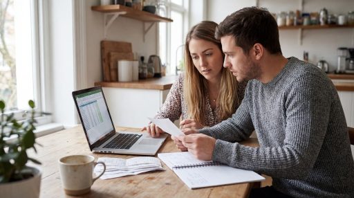 Koppel aan tafel dat samen de huishoudfinanciën bespreekt met papieren en laptop