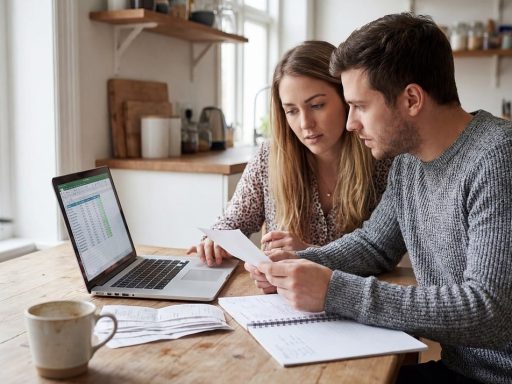 Koppel aan tafel dat samen de huishoudfinanciën bespreekt met papieren en laptop