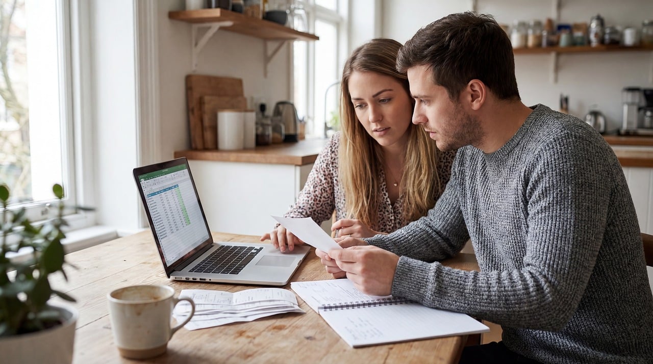Koppel aan tafel dat samen de huishoudfinanciën bespreekt met papieren en laptop