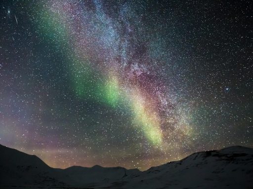 Groen noorderlicht zichtbaar aan een donkere sterrenhemel boven een open landschap